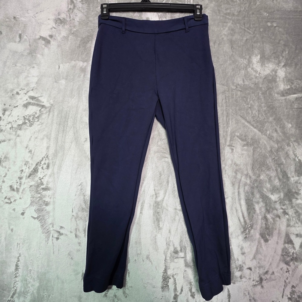 Navy Blue Ponte Knit Slim Leg Trousers Side Zip Faux Pockets Size 10-12
